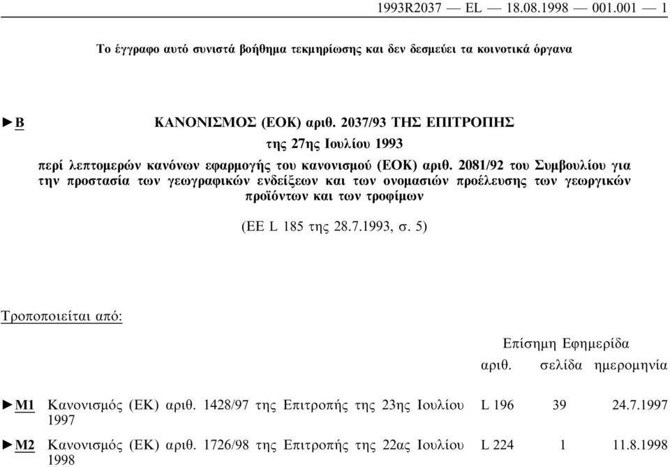 2081/92 του Συµβουλίου για την προστασία των γεωγραφικών ενδείξεων και των ονοµασιών προέλευσης των γεωργικών προϊόντων και των τροφίµων (ΕΕ L 185 της 28.7.
