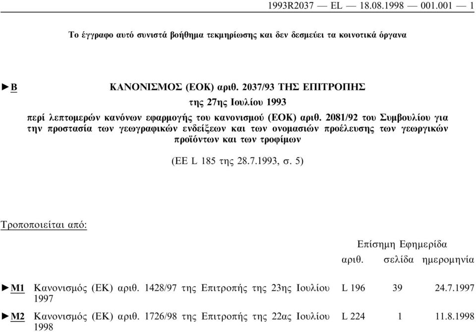 2081/92 του Συµβουλίου για την προστασία των γεωγραφικών ενδείξεων και των ονοµασιών προέλευσης των γεωργικών προϊόντων και των τροφίµων (ΕΕ L 185 της 28.7.