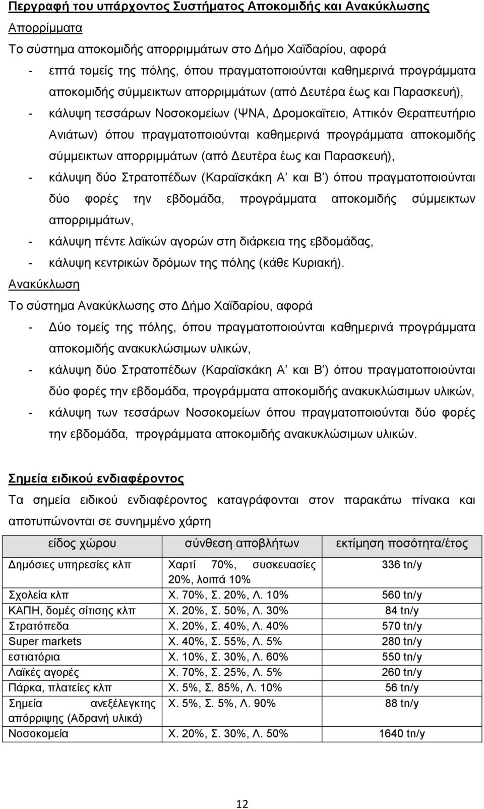 πξνγξάκκαηα απνθνκηδήο ζχκκεηθησλ απνξξηκκάησλ (απφ Γεπηέξα έσο θαη Παξαζθεπή), - θάιπςε δχν ηξαηνπέδσλ (Καξατζθάθε Α θαη Β ) φπνπ πξαγκαηνπνηνχληαη δχν θνξέο ηελ εβδνκάδα, πξνγξάκκαηα απνθνκηδήο