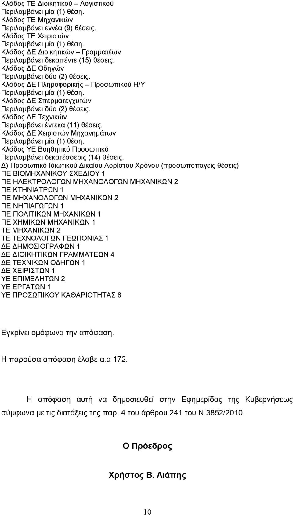 Κλάδος ΔΕ Χειριστών Μηχανημάτων Κλάδος ΥΕ Βοηθητικό Προσωπικό Περιλαμβάνει δεκατέσσερις (14) θέσεις.