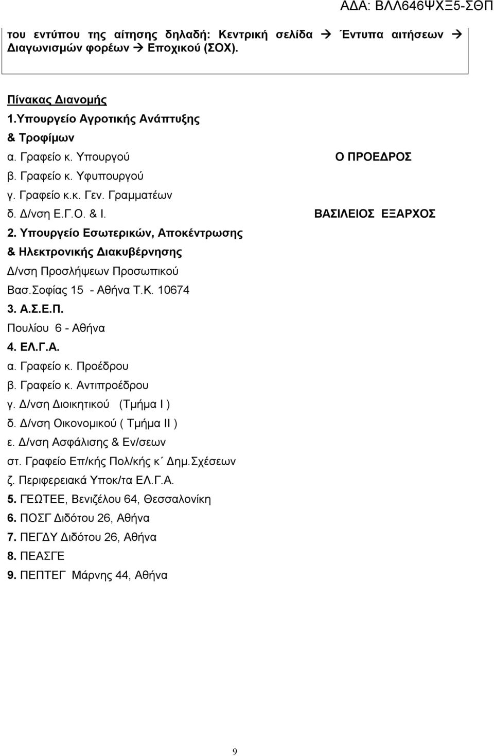 Σοφίας 15 - Αθήνα Τ.Κ. 10674 3. Α.Σ.Ε.Π. Πουλίου 6 - Αθήνα 4. ΕΛ.Γ.Α. α. Γραφείο κ. Προέδρου β. Γραφείο κ. Αντιπροέδρου γ. Δ/νση Διοικητικού (Τμήμα Ι ) δ. Δ/νση Οικονομικού ( Τμήμα ΙΙ ) ε.