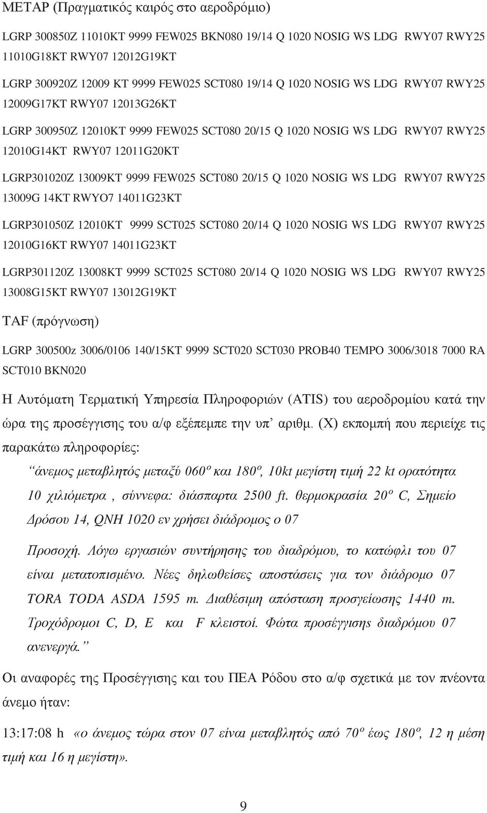 SCT080 20/15 Q 1020 NOSIG WS LDG RWY07 RWY25 13009G 14KT RWYO7 14011G23KT LGRP301050Z 12010KT 9999 SCT025 SCT080 20/14 Q 1020 NOSIG WS LDG RWY07 RWY25 12010G16KT RWY07 14011G23KT LGRP301120Z 13008KT