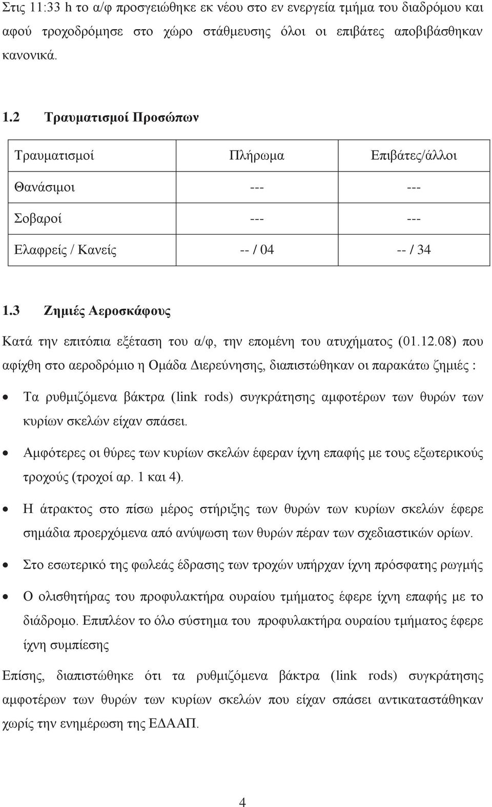 08) που αφίχθη στο αεροδρόμιο η Ομάδα Διερεύνησης, διαπιστώθηκαν οι παρακάτω ζημιές : Τα ρυθμιζόμενα βάκτρα (link rods) συγκράτησης αμφοτέρων των θυρών των κυρίων σκελών είχαν σπάσει.