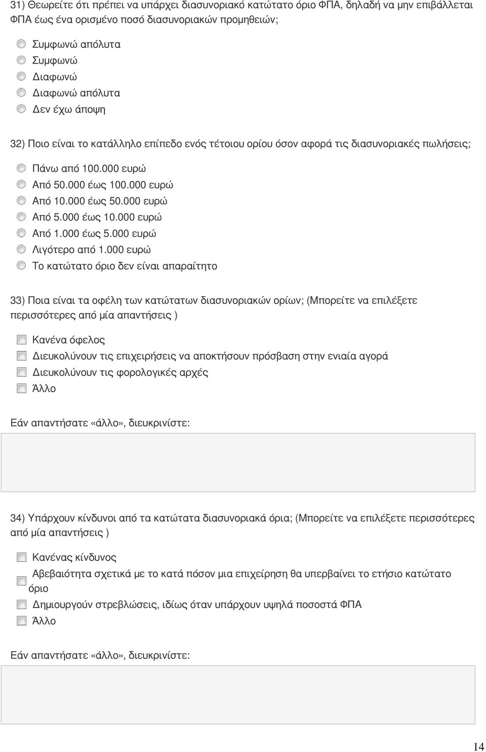 000 ευρώ Το κατώτατο όριο δεν είναι απαραίτητο 33) Ποια είναι τα οφέλη των κατώτατων διασυνοριακών ορίων; (Μπορείτε να επιλέξετε περισσότερες από μία απαντήσεις ) Κανένα όφελος Διευκολύνουν τις