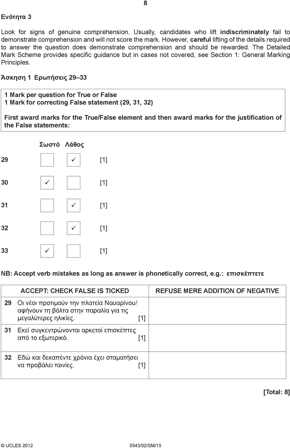 The Detailed Mark Scheme provides specific guidance but in cases not covered, see Section 1: General Marking Principles.