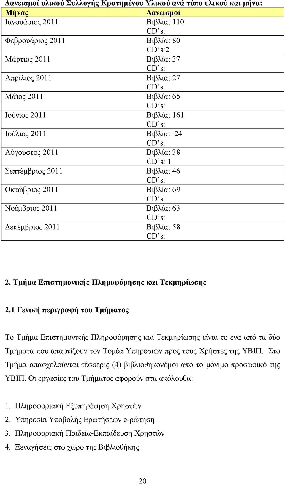 CD s: Νοέμβριος 2011 Βιβλία: 63 CD s: Δεκέμβριος 2011 Βιβλία: 58 CD s: 2. Τμήμα Επιστημονικής Πληροφόρησης και Τεκμηρίωσης 2.