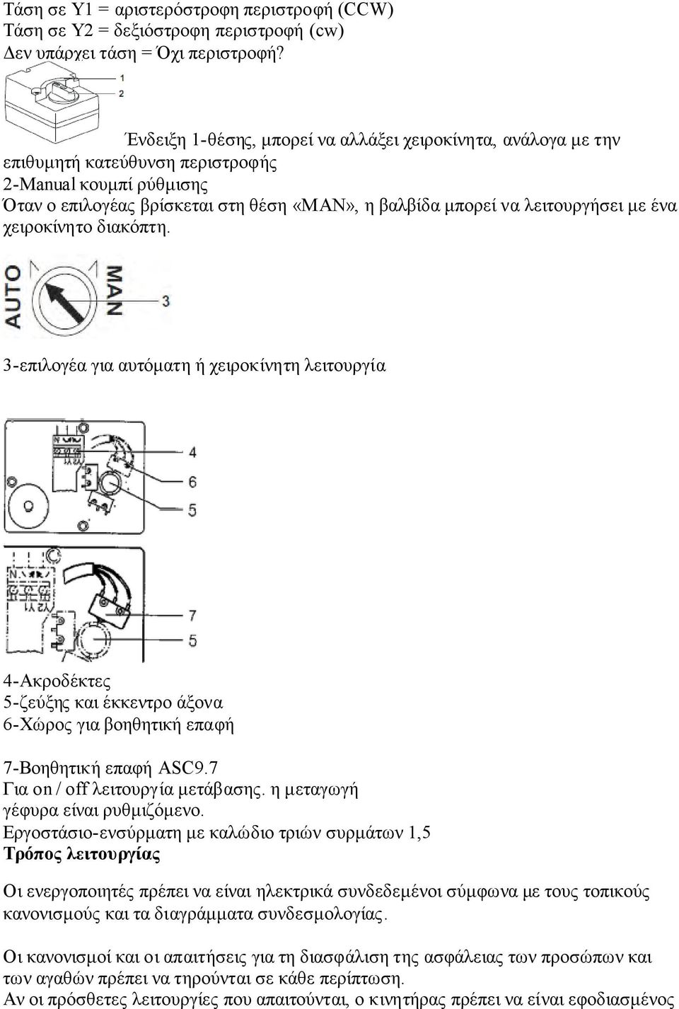 ένα χειροκίνητο διακόπτη. 3-επιλογέα για αυτόματη ή χειροκίνητη λειτουργία 4-Ακροδέκτες 5-ζεύξης και έκκεντρο άξονα 6-Χώρος για βοηθητική επαφή 7-Βοηθητική επαφή ASC9.