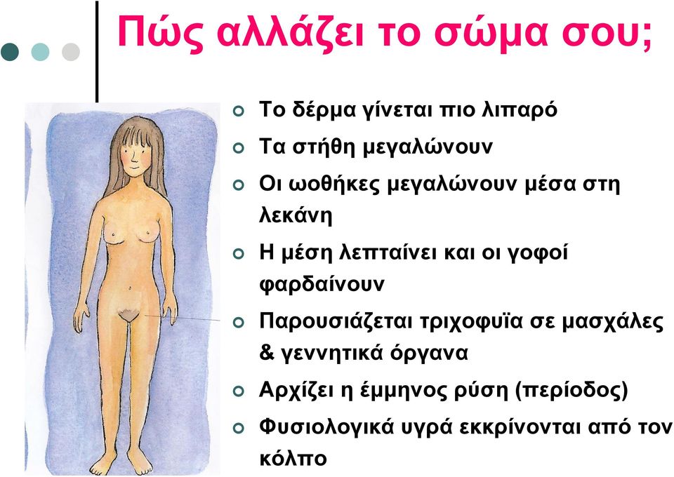 οι γοφοί φαρδαίνουν Παρουσιάζεται τριχοφυϊα σε μασχάλες & γεννητικά