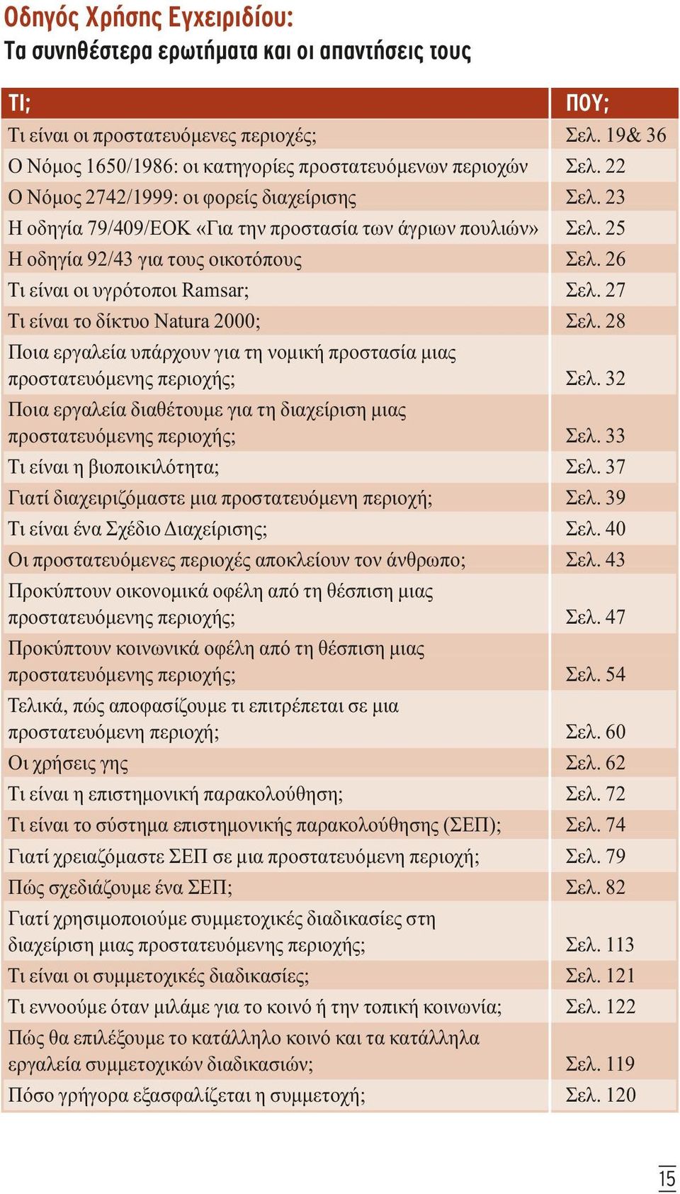 27 Τι είναι το δίκτυο Natura 2000; Σελ. 28 Ποια εργαλεία υπάρχουν για τη νοµική προστασία µιας προστατευόµενης περιοχής; Σελ.