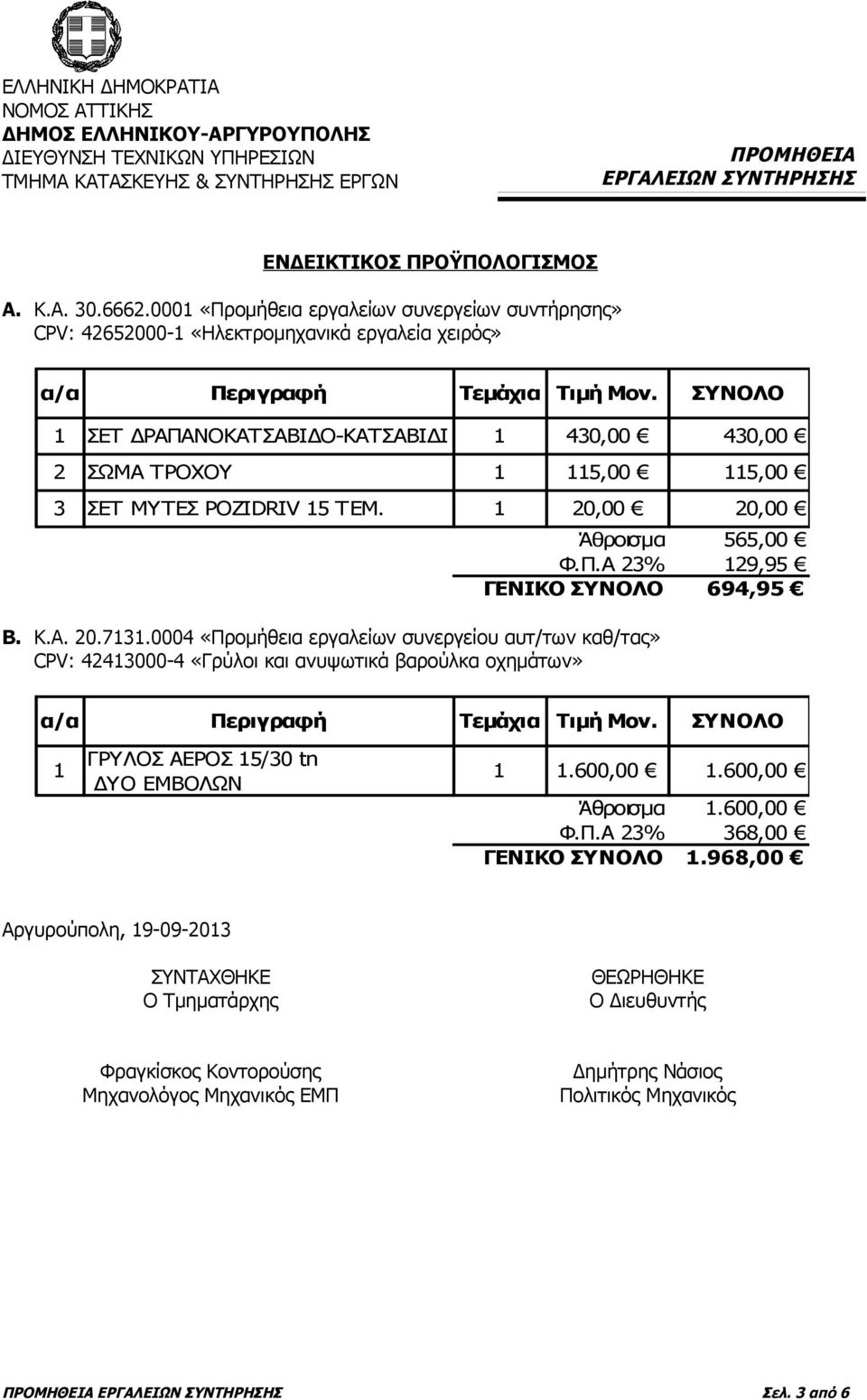 ΣΕΤ ΜΥΤΕΣ POZIDRIV 15 ΤΕΜ. 1 20,00 20,00 Άθροισμα 565,00 Φ.Π.Α 23% 129,95 ΓΕΝΙΚΟ ΣΥΝΟΛΟ 694,95 Β. Κ.Α. 20.7131.