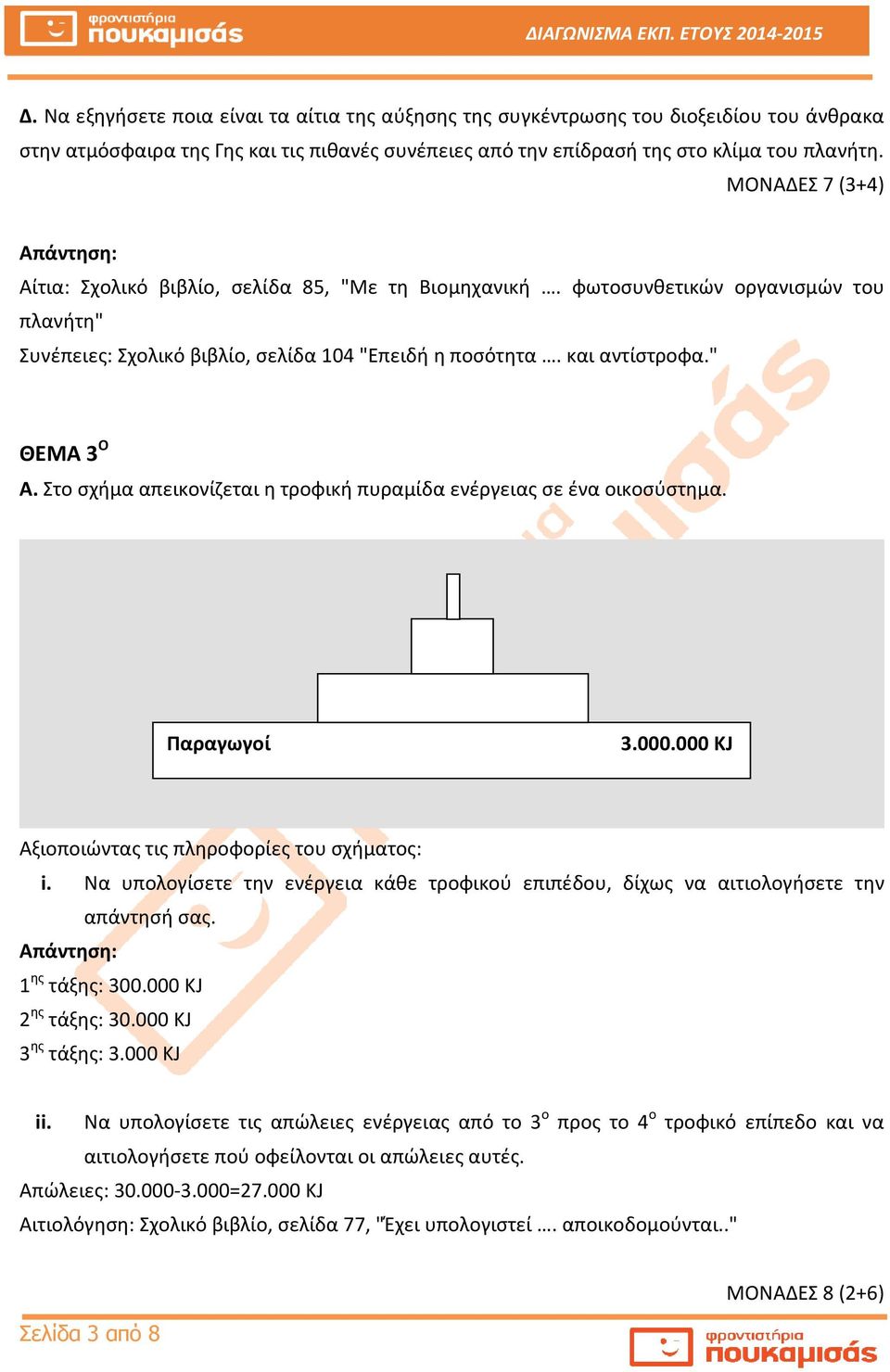 Στο σχήμα απεικονίζεται η τροφική πυραμίδα ενέργειας σε ένα οικοσύστημα. Παραγωγοί 3.000.000 KJ Αξιοποιώντας τις πληροφορίες του σχήματος: i.