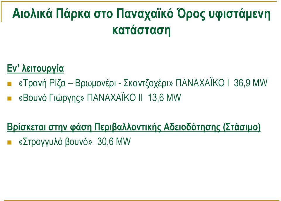 36,9 MW «Βουνό Γιώργης» ΠΑΝΑΧΑΪΚΟ ΙΙ 13,6 MW Βρίσκεται στην