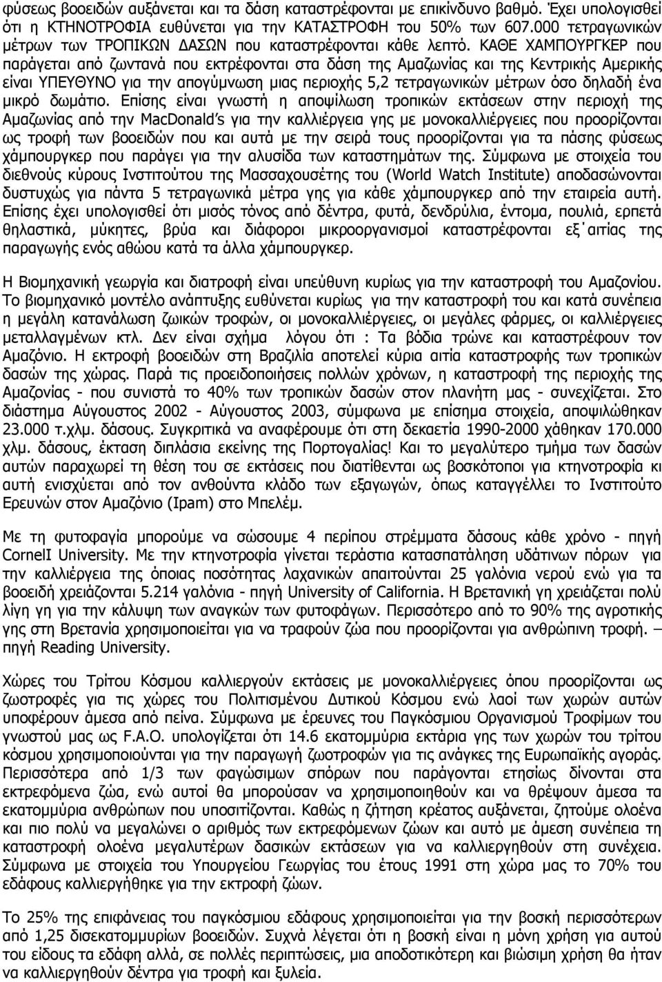 ΚΑΘΕ ΧΑΜΠΟΥΡΓΚΕΡ που παράγεται από ζωντανά που εκτρέφονται στα δάση της Αµαζωνίας και της Κεντρικής Αµερικής είναι ΥΠΕΥΘΥΝΟ για την απογύµνωση µιας περιοχής 5,2 τετραγωνικών µέτρων όσο δηλαδή ένα