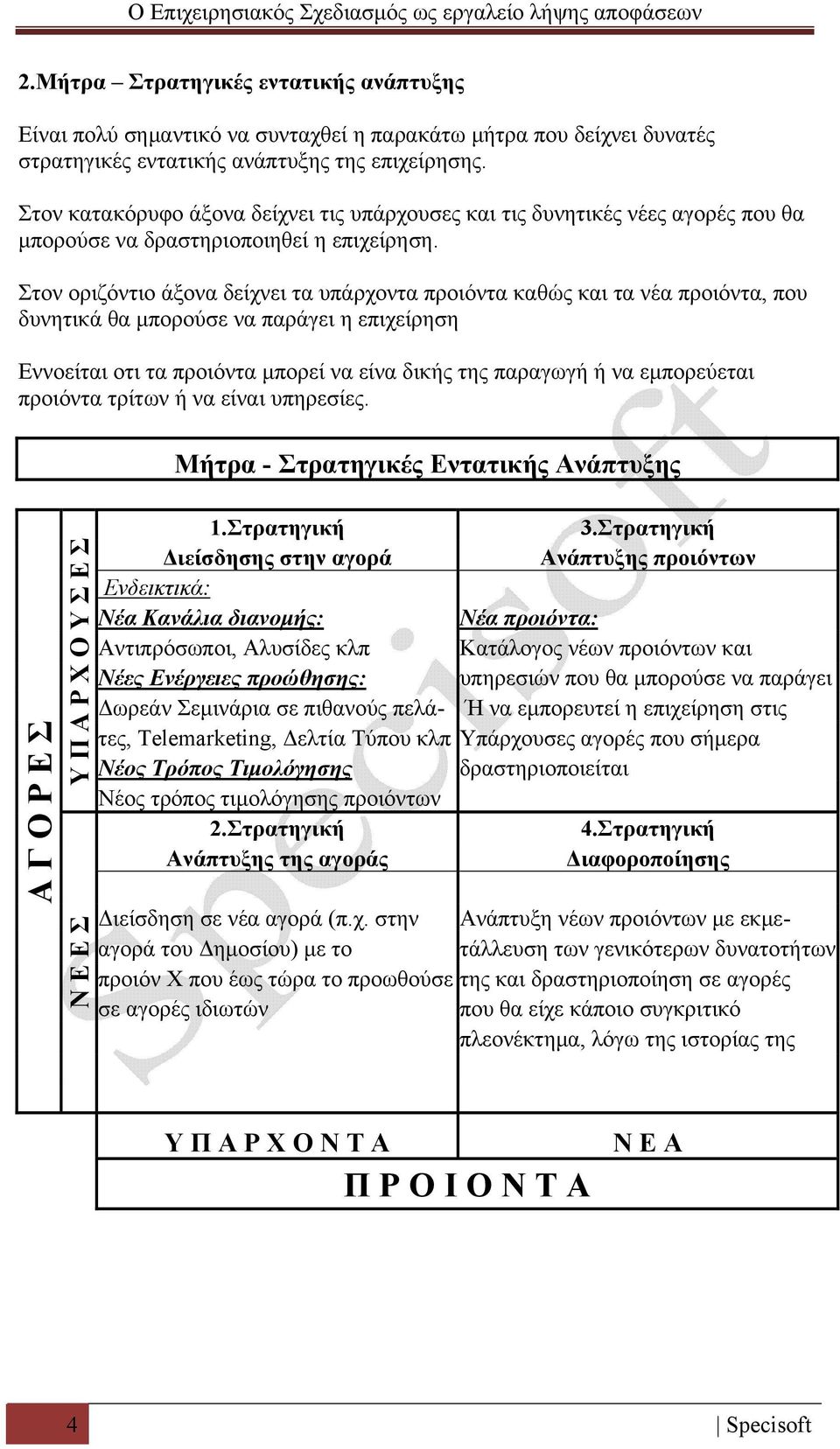 Στον οριζόντιο άξονα δείχνει τα υπάρχοντα προιόντα καθώς και τα νέα προιόντα, που δυνητικά θα μπορούσε να παράγει η επιχείρηση Εννοείται οτι τα προιόντα μπορεί να είνα δικής της παραγωγή ή να