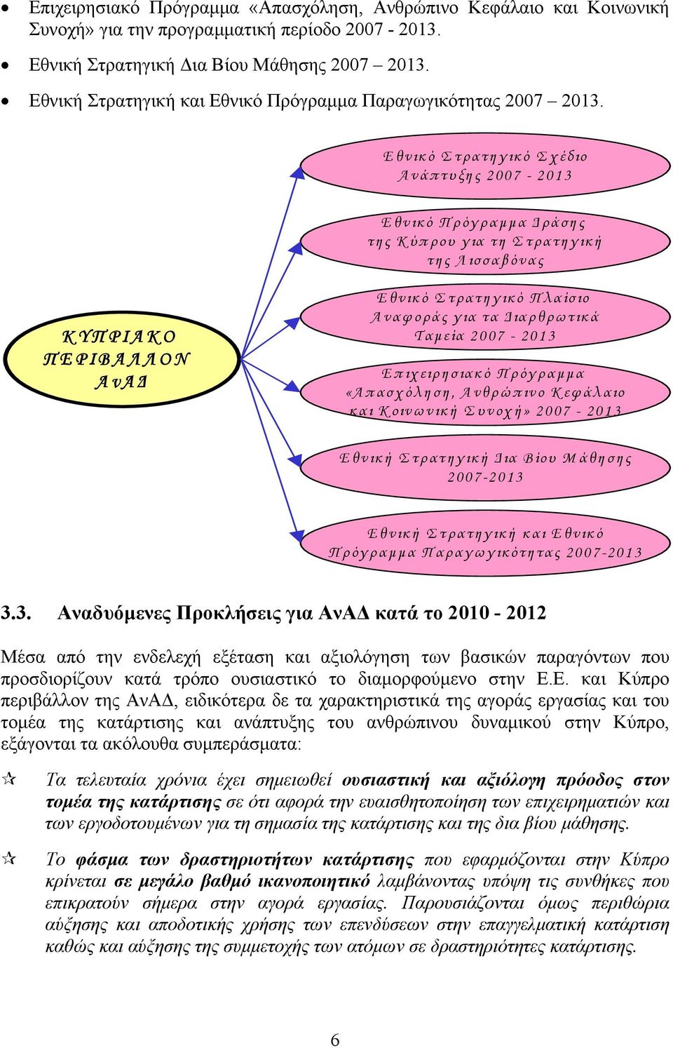 Εθνικό Στρατηγικό Σχέδιο Ανάπτυξης 2007-2013 Εθνικό Πρόγραμμα Δράσης της Κύπρου για τη Στρατηγική της Λισσαβόνας ΚΥΠΡΙΑΚΟ ΠΕΡΙΒΑΛΛΟΝ ΑνΑΔ Εθνικό Στρατηγικό Πλαίσιο Αναφοράς για τα Διαρθρωτικά Ταμεία