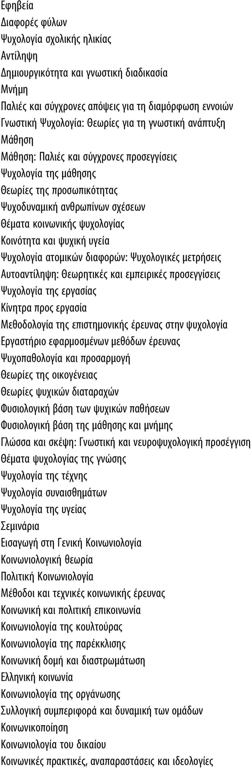 υγεία Ψυχολογία ατομικών διαφορών: Ψυχολογικές μετρήσεις Αυτοαντίληψη: Θεωρητικές και εμπειρικές προσεγγίσεις Ψυχολογία της εργασίας Κίνητρα προς εργασία Μεθοδολογία της επιστημονικής έρευνας στην