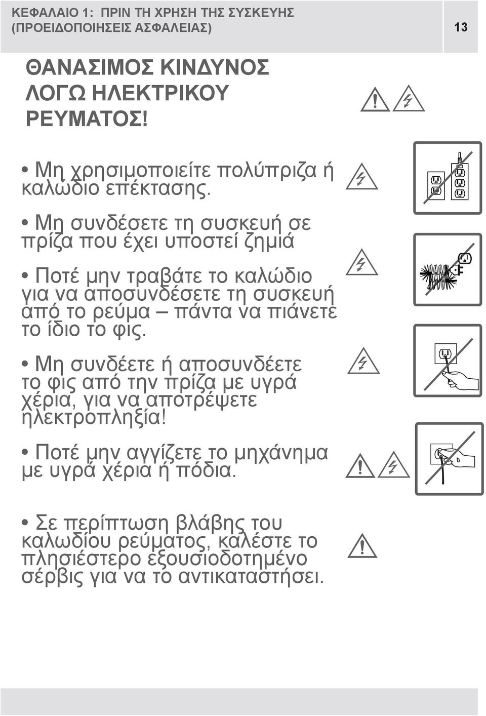 Μη συνδέσετε τη συσκευή σε πρίζα που έχει υποστεί ζημιά Ποτέ μην τραβάτε το καλώδιο για να αποσυνδέσετε τη συσκευή από το ρεύμα πάντα να πιάνετε