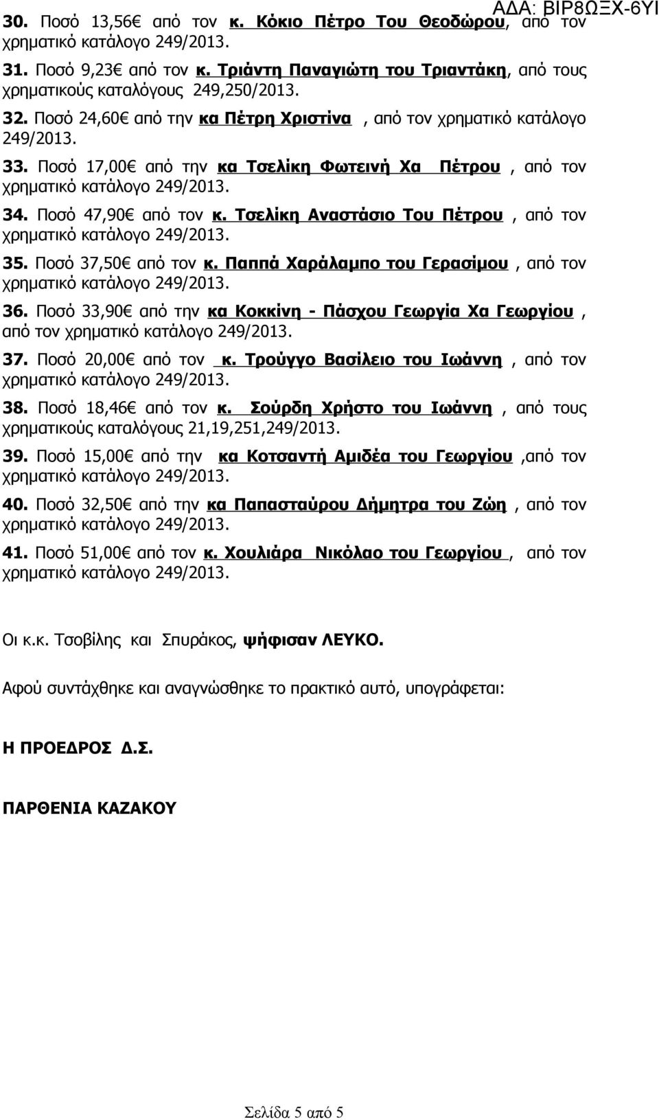 Ποσό 37,50 από τον κ. Παππά Χαράλαμπο του Γερασίμου, από τον 36. Ποσό 33,90 από την κα Κοκκίνη - Πάσχου Γεωργία Χα Γεωργίου, από τον 37. Ποσό 20,00 από τον κ. Τρούγγο Βασίλειο του Ιωάννη, από τον 38.