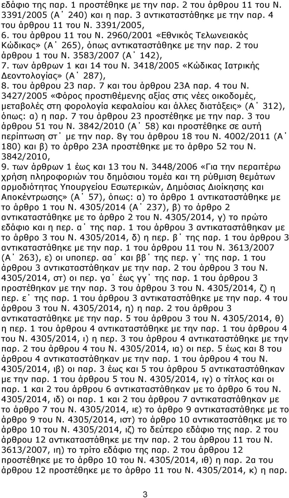 3427/2005 «Φφξνο πξνζηηζέκελεο αμίαο ζηηο λέεο νηθνδνκέο, κεηαβνιέο ζηε θνξνινγία θεθαιαίνπ θαη άιιεο δηαηάμεηο» (Α 312), φπσο: α) ε παξ. 7 ηνπ άξζξνπ 23 πξνζηέζεθε κε ηελ παξ. 3 ηνπ άξζξνπ 51 ηνπ Ν.