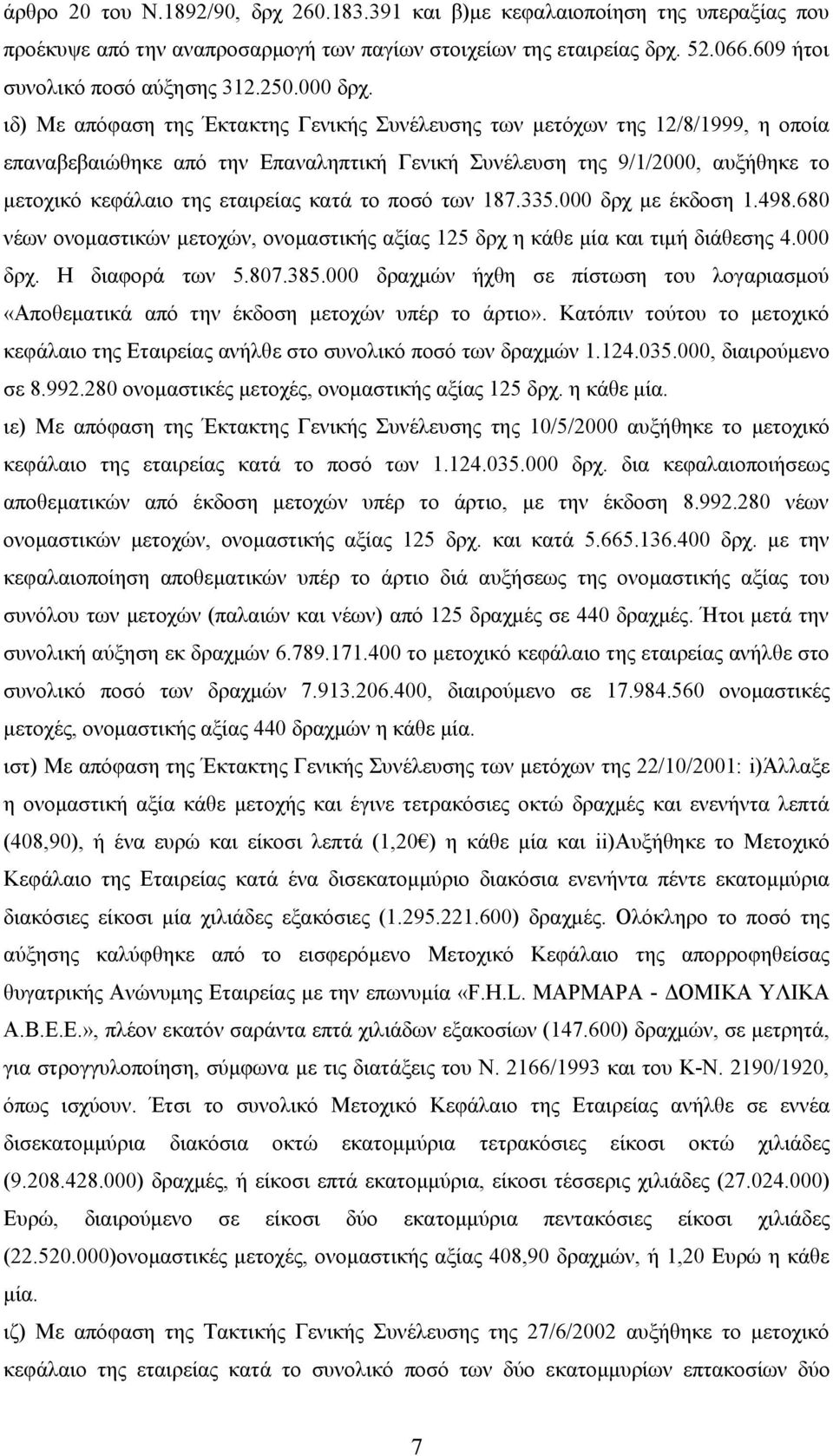 ιδ) Με απόφαση της Έκτακτης Γενικής Συνέλευσης των μετόχων της 12/8/1999, η οποία επαναβεβαιώθηκε από την Επαναληπτική Γενική Συνέλευση της 9/1/2000, αυξήθηκε το μετοχικό κεφάλαιο της εταιρείας κατά