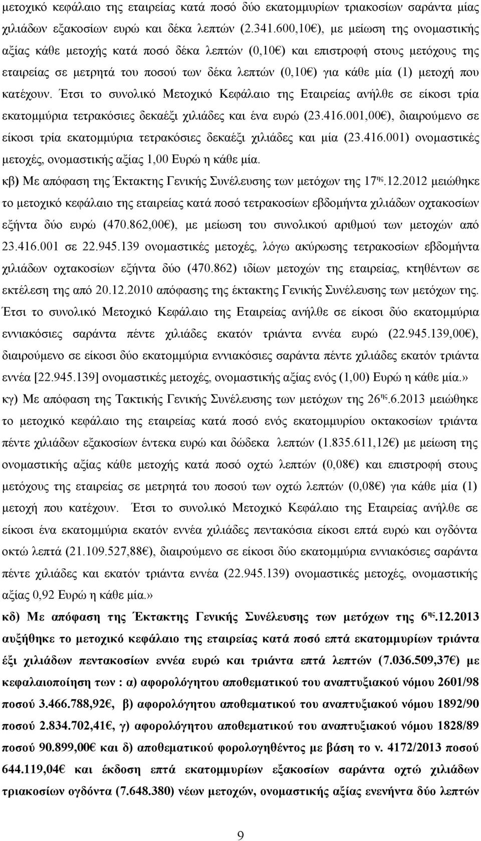 που κατέχουν. Έτσι το συνολικό Μετοχικό Κεφάλαιο της Εταιρείας ανήλθε σε είκοσι τρία εκατομμύρια τετρακόσιες δεκαέξι χιλιάδες και ένα ευρώ (23.416.