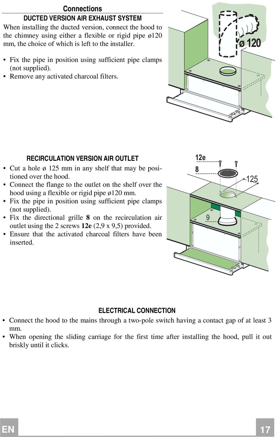 RECIRCULATION VERSION AIR OUTLET Cut a hole ø 125 mm in any shelf that may be positioned over the hood.