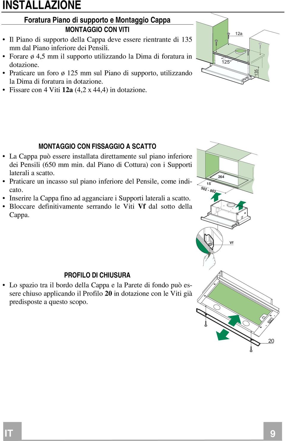 Fissare con 4 Viti 12a (4,2 x 44,4) in dotazione. 125 12a 135 MONTAGGIO CON FISSAGGIO A SCATTO La Cappa può essere installata direttamente sul piano inferiore dei Pensili (650 mm min.