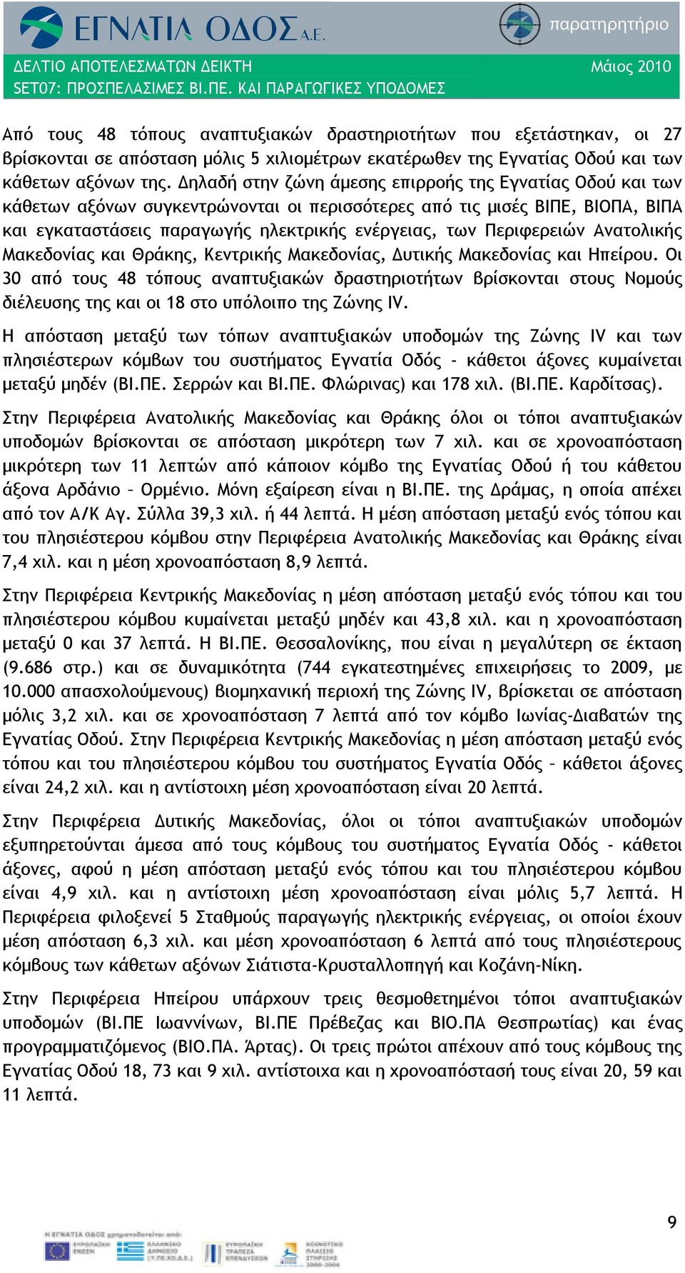 ΚΑΙ ΠΑΡΑΓΩΓΙΚΕΣ ΥΠΟΔΟΜΕΣ Μάιος 2010 Από τους 48 τόπους αναπτυξιακών δραστηριοτήτων που εξετάστηκαν, οι 27 βρίσκονται σε απόσταση μόλις 5 χιλιομέτρων εκατέρωθεν της Εγνατίας Οδού και των κάθετων