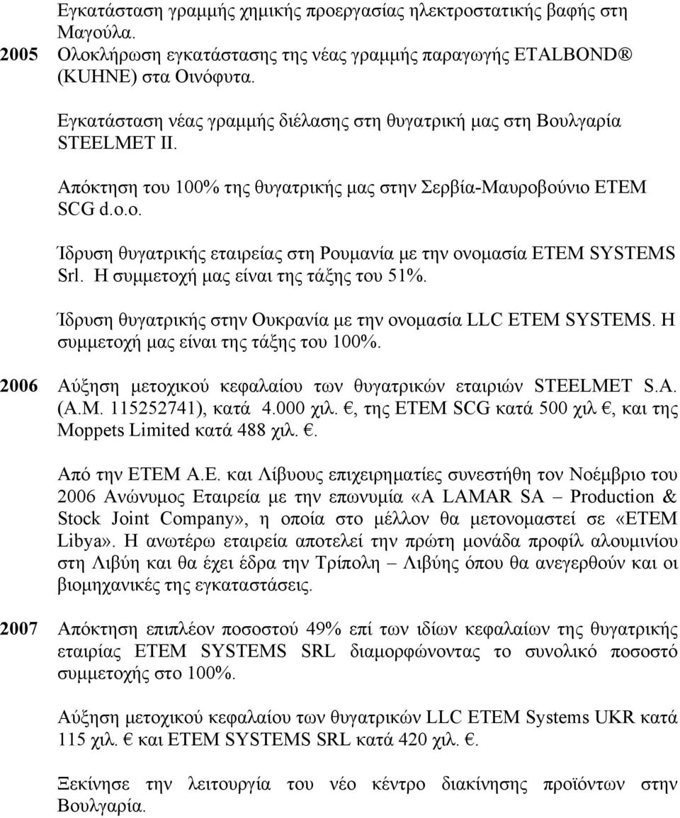o. Ίδρυση θυγατρικής εταιρείας στη Ρουμανία με την ονομασία ETEM SYSTEMS Srl. Η συμμετοχή μας είναι της τάξης του 51%. Ίδρυση θυγατρικής στην Ουκρανία με την ονομασία LLC ETEM SYSTEMS.