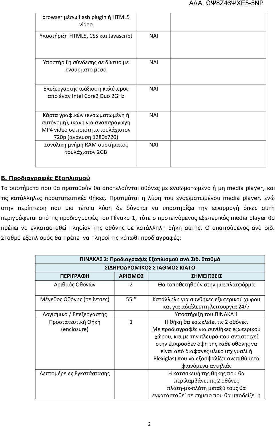 Προδιαγραφές Εξοπλισμού Τα συστήματα που θα προταθούν θα αποτελούνται οθόνες με ενσωματωμένο ή μη media player, και τις κατάλληλες προστατευτικές θήκες.