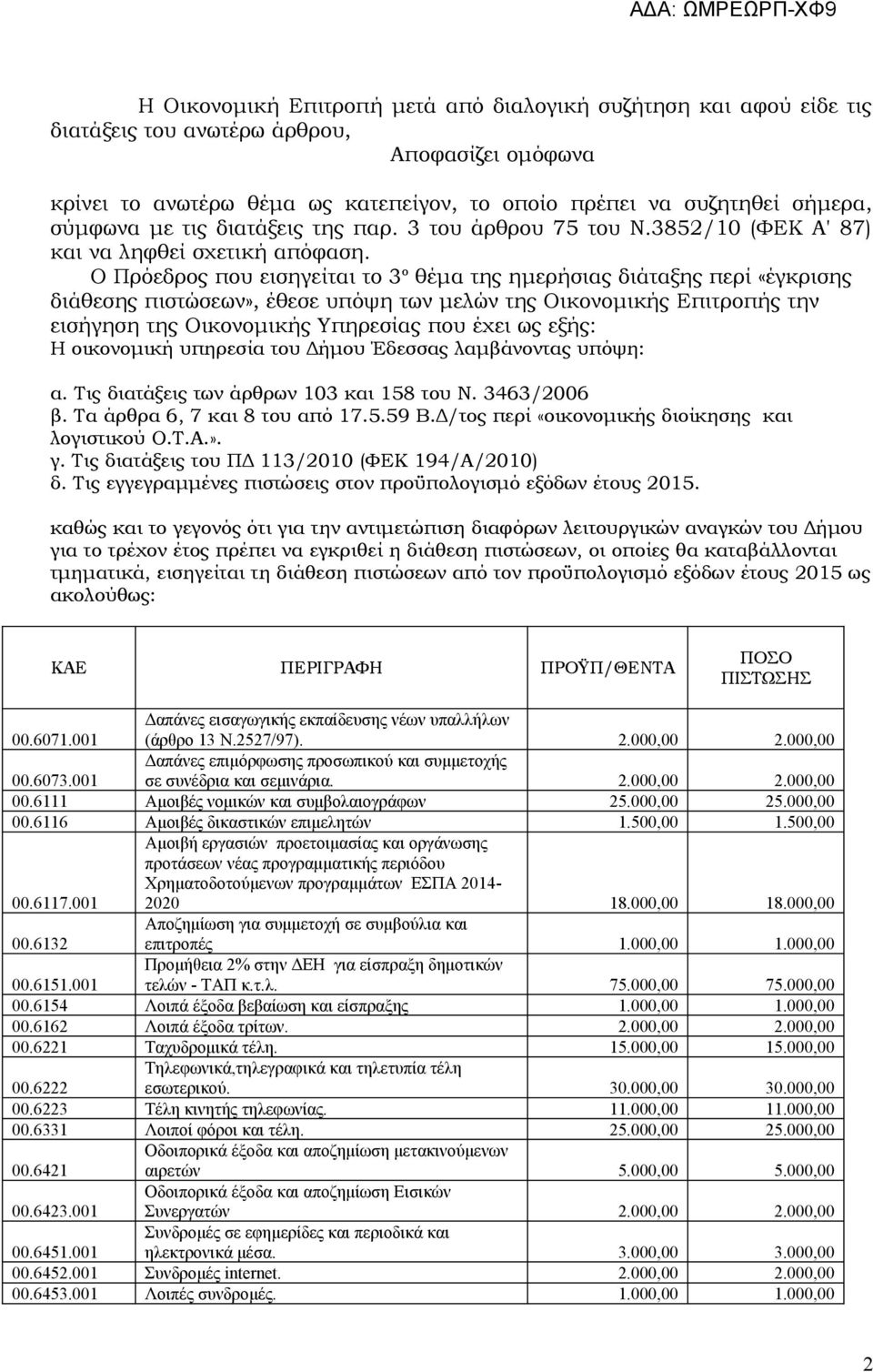 Ο Πρόεδρος που εισηγείται το 3 ο θέμα της ημερήσιας διάταξης περί «έγκρισης διάθεσης πιστώσεων», έθεσε υπόψη των μελών της Οικονομικής Επιτροπής την εισήγηση της Οικονομικής Υπηρεσίας που έχει ως