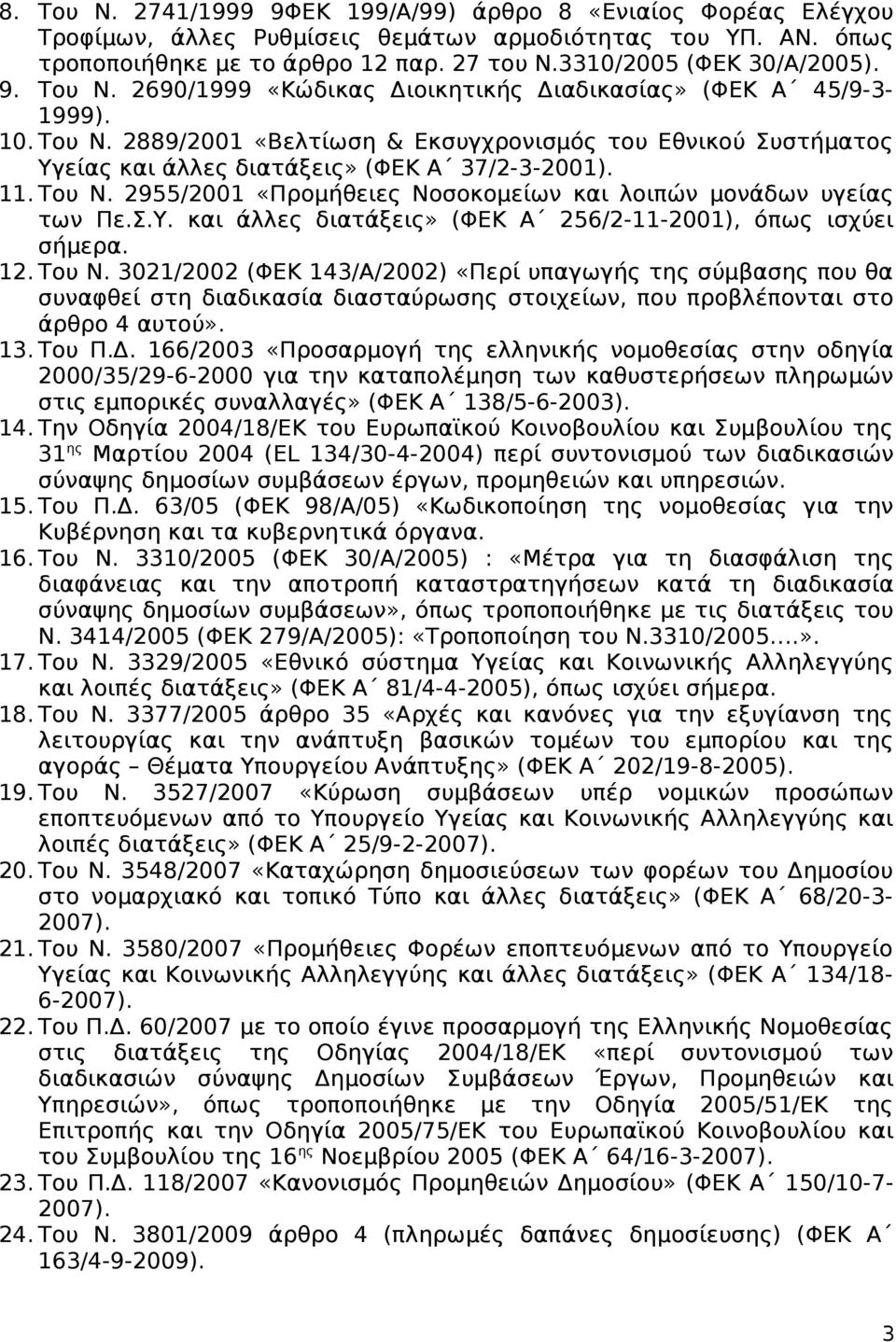 Του Ν. 2955/2001 «Προμήθειες Νοσοκομείων και λοιπών μονάδων υγείας των Πε.Σ.Υ. και άλλες διατάξεις» (ΦΕΚ Α 256/2-11-2001), όπως ισχύει σήμερα. 12. Του Ν.