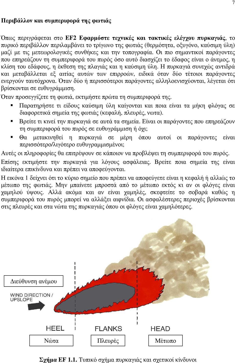 Οι πιο σηµαντικοί παράγοντες που επηρεάζουν τη συµπεριφορά του πυρός όσο αυτό διασχίζει το έδαφος είναι ο άνεµος, η κλίση του εδάφους, η έκθεση της πλαγιάς και η καύσιµη ύλη.