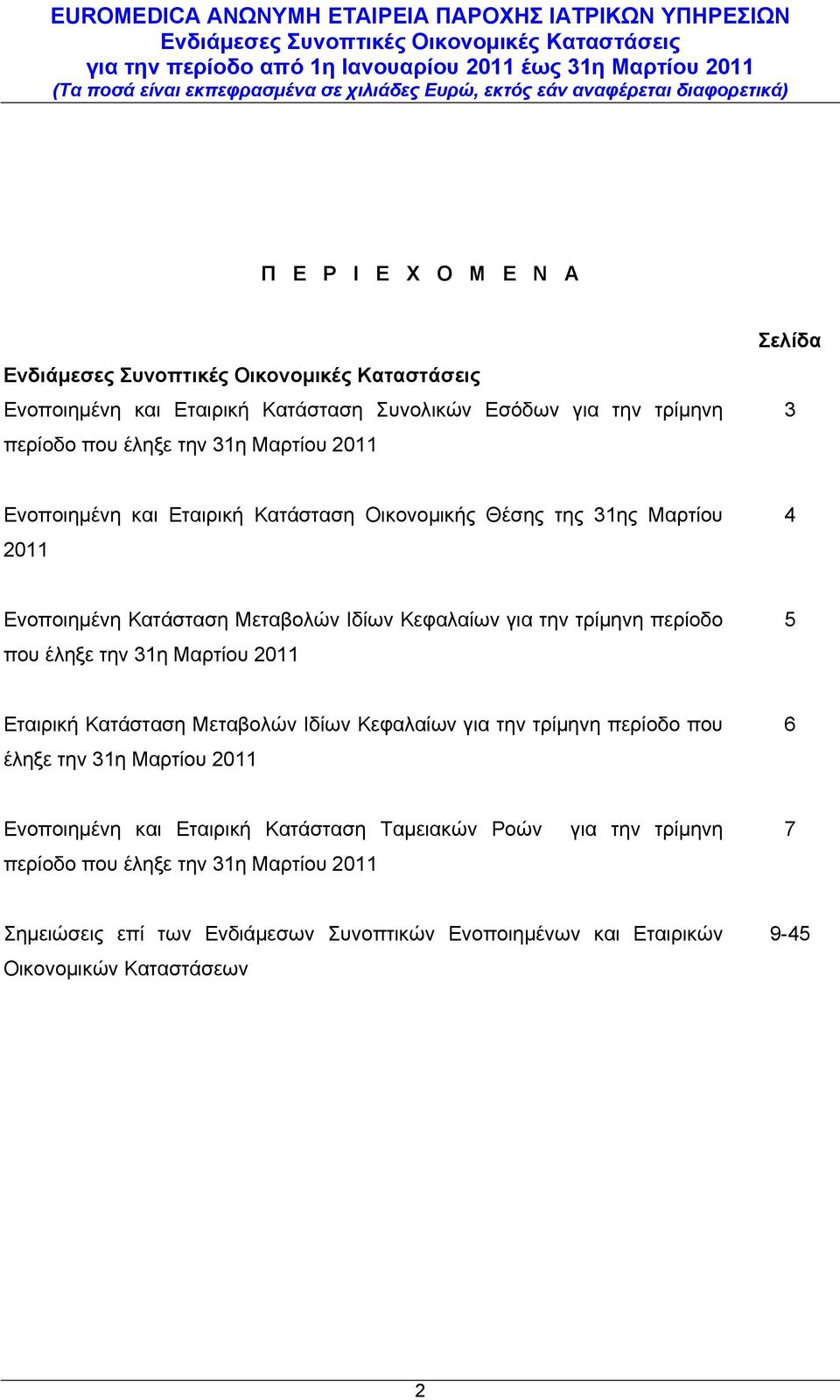 Μαρτίου 2011 5 Εταιρική Κατάσταση Μεταβολών Ιδίων Κεφαλαίων για την τρίμηνη περίοδο που έληξε την 31η Μαρτίου 2011 6 Ενοποιημένη και Εταιρική Κατάσταση