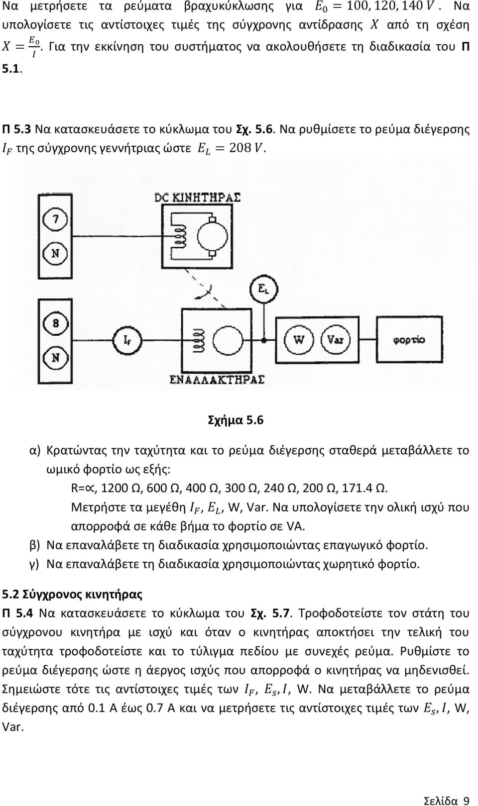 Σχήμα 5.6 α) Κρατώντας την ταχύτητα και το ρεύμα διέγερσης σταθερά μεταβάλλετε το ωμικό φορτίο ως εξής: R=, 1200 Ω, 600 Ω, 400 Ω, 300 Ω, 240 Ω, 200 Ω, 171.4 Ω. Μετρήστε τα μεγέθη I F, Ε L, W, Var.