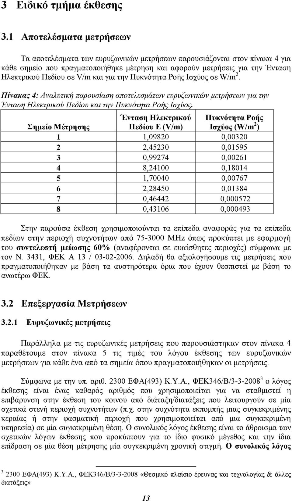 V/m και για την Πυκνότητα Ροής Ισχύος σε W/m 2. Πίνακας 4: Αναλυτική παρουσίαση αποτελεσµάτων ευρυζωνικών µετρήσεων για την Ένταση Ηλεκτρικού Πεδίου και την Πυκνότητα Ροής Ισχύος.