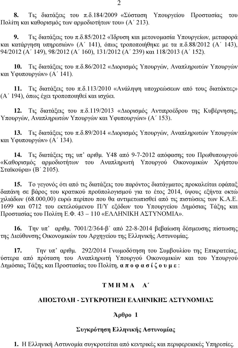 12. Τις διατάξεις του π.δ.119/2013 «Διορισμός Αντιπροέδρου της Κυβέρνησης, Υπουργών, Αναπληρωτών Υπουργών και Υφυπουργών» (Α 153). 13. Τις διατάξεις του π.δ.89/2014 «Διορισμός Υπουργών, Αναπληρωτών Υπουργών και Υφυπουργών» (Α 134).