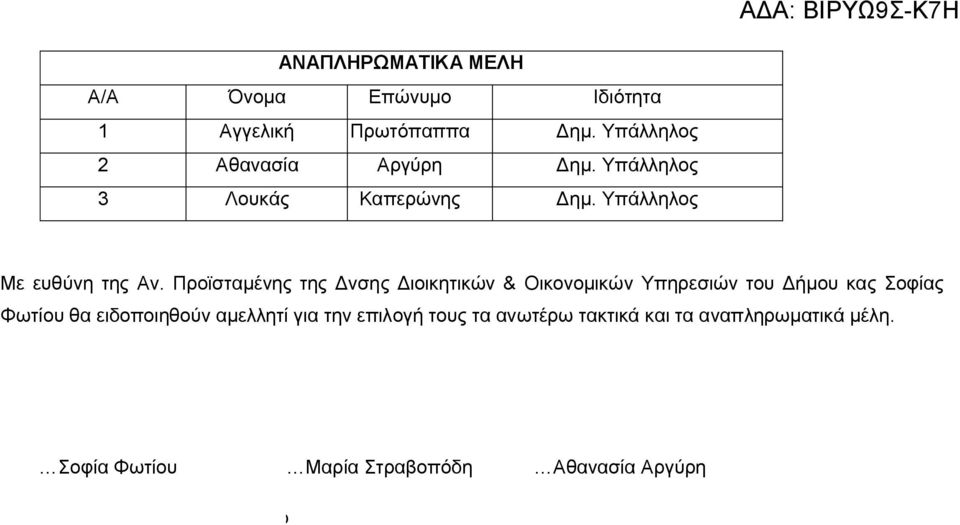 Προϊσταμένης της Δνσης Διοικητικών & Οικονομικών Υπηρεσιών του Δήμου κας Σοφίας Φωτίου θα