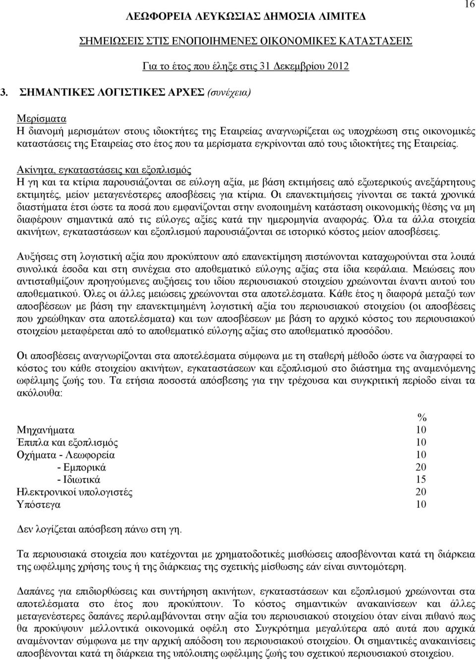 Ακίνητα, εγκαταστάσεις και εξοπλισμός Η γη και τα κτίρια παρουσιάζονται σε εύλογη αξία, με βάση εκτιμήσεις από εξωτερικούς ανεξάρτητους εκτιμητές, μείον μεταγενέστερες αποσβέσεις για κτίρια.