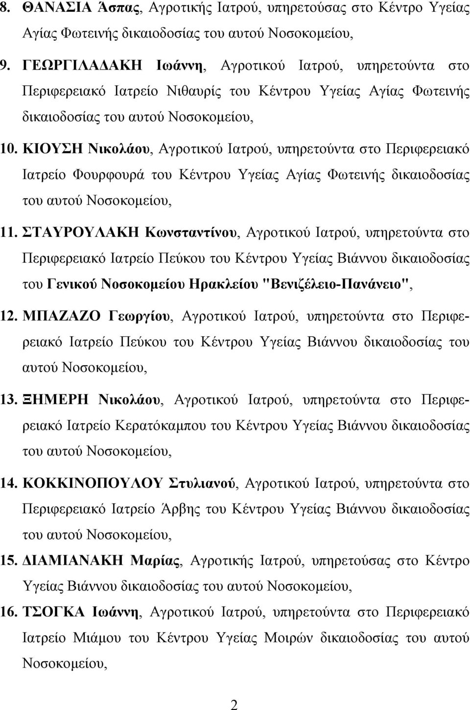 ΚΙΟΥΣΗ Νικολάου, Αγροτικού Ιατρού, υπηρετούντα στο Περιφερειακό Ιατρείο Φουρφουρά του Κέντρου Υγείας Αγίας Φωτεινής δικαιοδοσίας του αυτού Νοσοκομείου, 11.