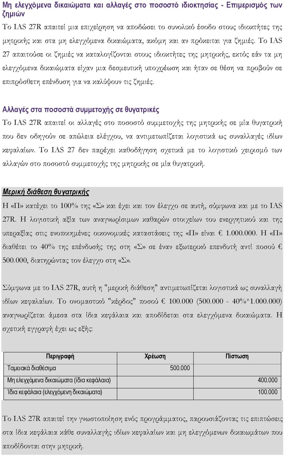 Το IAS 27 απαιτούσε οι ζημιές να καταλογίζονται στους ιδιοκτήτες της μητρικής, εκτός εάν τα μη ελεγχόμενα δικαιώματα είχαν μια δεσμευτική υποχρέωση και ήταν σε θέση να προβούν σε επιπρόσθετη επένδυση