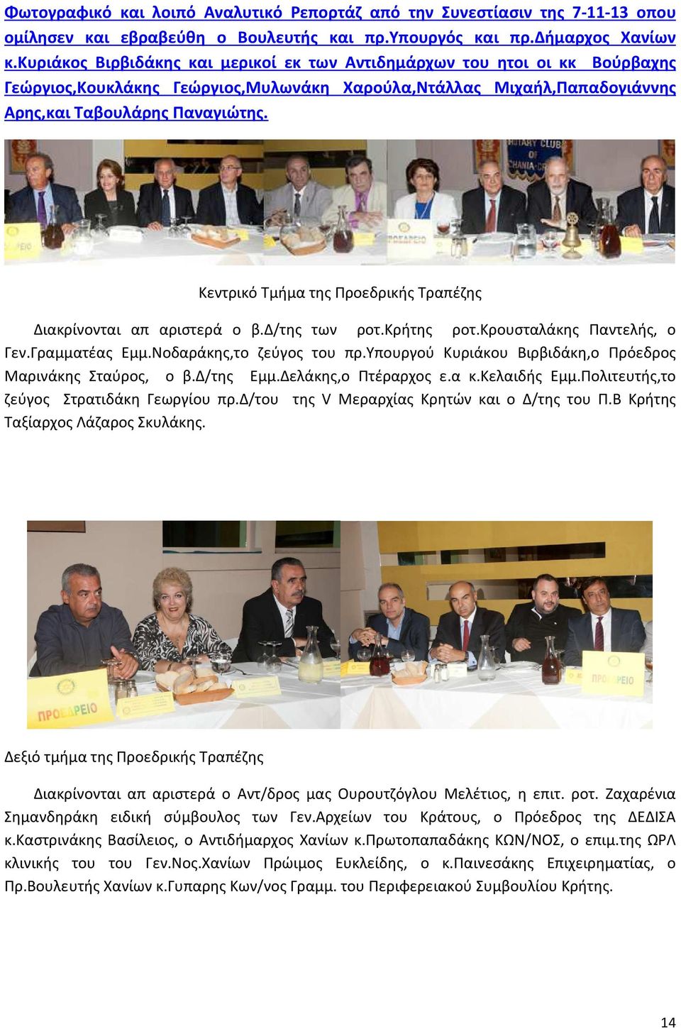 Κεντρικό Τμήμα της Προεδρικής Τραπέζης Διακρίνονται απ αριστερά ο β.δ/της των ροτ.κρήτης ροτ.κρουσταλάκης Παντελής, ο Γεν.Γραμματέας Εμμ.Νοδαράκης,το ζεύγος του πρ.