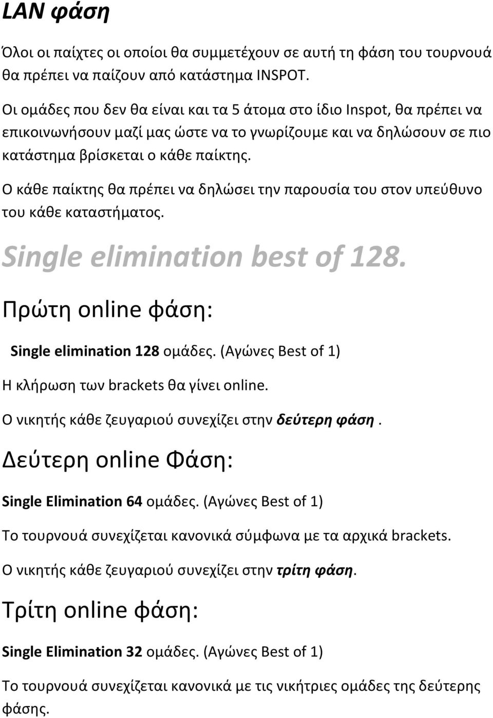 Ο κάθε παίκτης θα πρέπει να δηλώσει την παρουσία του στον υπεύθυνο του κάθε καταστήματος. Single elimination best of 128. Πρώτη online φάση: Single elimination 128 ομάδες.