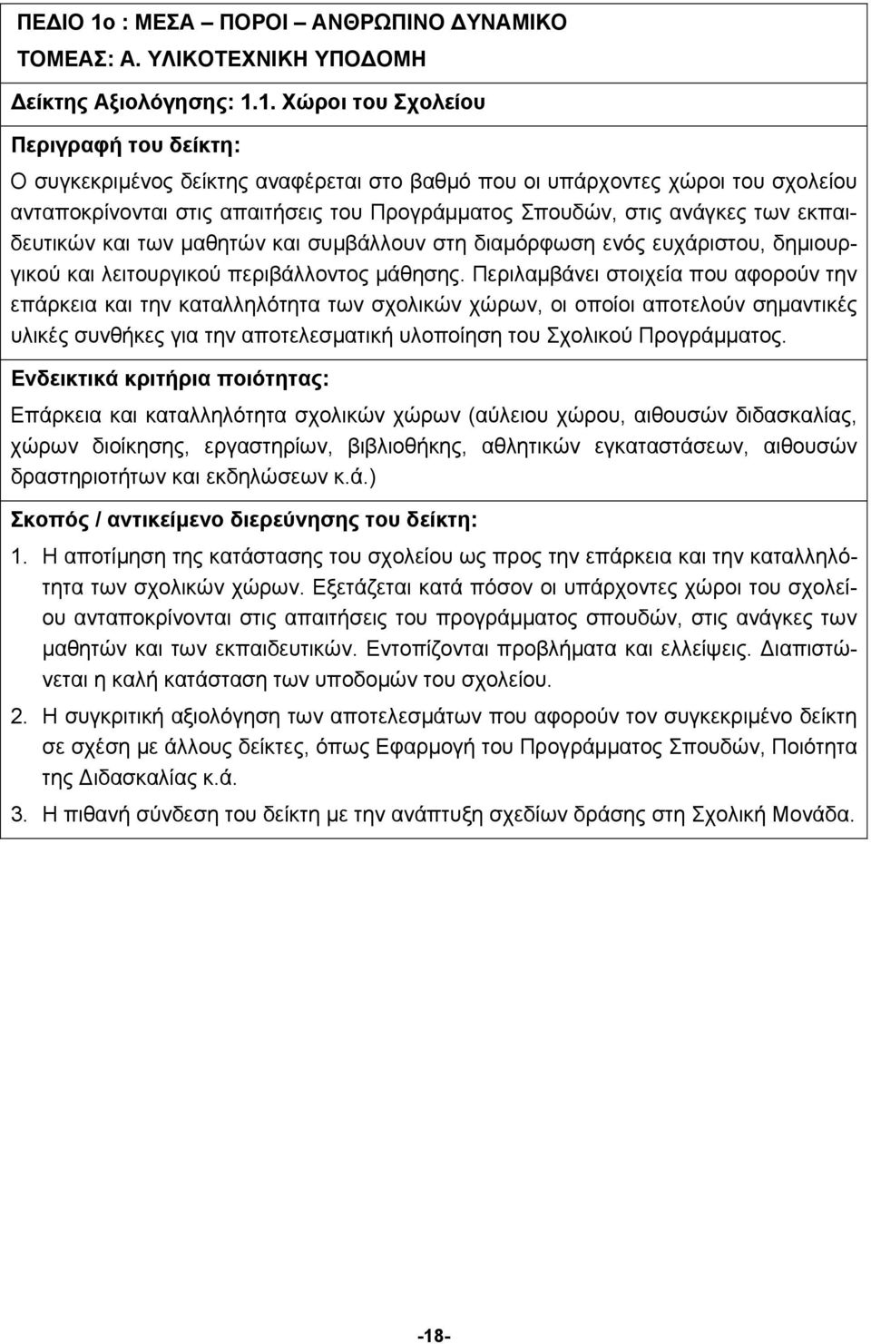 1. Χώροι του Σχολείου Περιγραφή του δείκτη: Ο συγκεκριμένος δείκτης αναφέρεται στο βαθμό που οι υπάρχοντες χώροι του σχολείου ανταποκρίνονται στις απαιτήσεις του Προγράμματος Σπουδών, στις ανάγκες