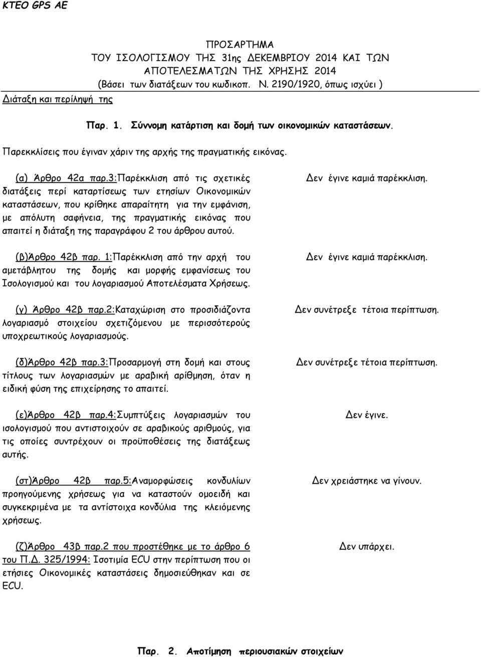 3:παρέκκλιση από τις σχετικές διατάξεις περί καταρτίσεως των ετησίων Οικονομικών καταστάσεων, που κρίθηκε απαραίτητη για την εμφάνιση, με απόλυτη σαφήνεια, της πραγματικής εικόνας που απαιτεί η