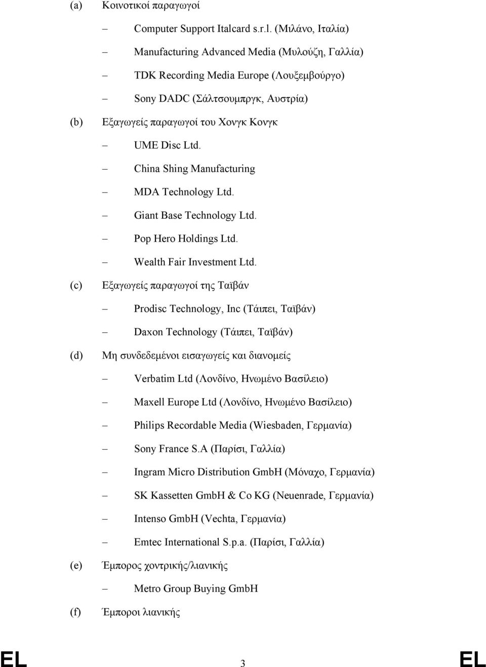 (Μιλάνο, Ιταλία) Manufacturing Advanced Media (Μυλούζη, Γαλλία) TDK Recording Media Europe (Λουξεμβούργο) Sony DADC (Σάλτσουμπργκ, Αυστρία) (b) Εξαγωγείς παραγωγοί του Χονγκ Κονγκ UME Disc Ltd.