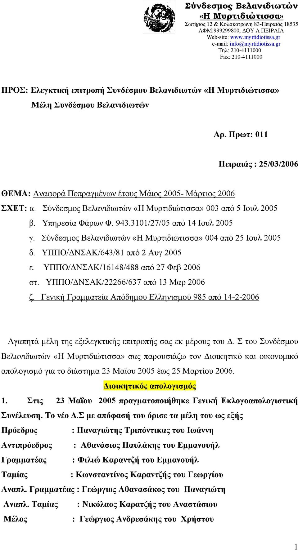 ΥΠΠΟ/ΔΝΣΑΚ/16148/488 από 27 Φεβ 2006 στ. ΥΠΠΟ/ΔΝΣΑΚ/22266/637 από 13 Μαρ 2006 ζ. Γενική Γραμματεία Απόδημου Ελληνισμού 985 από 14-2-2006 Αγαπητά μέλη της εξελεγκτικής επιτροπής σας εκ μέρους του Δ.