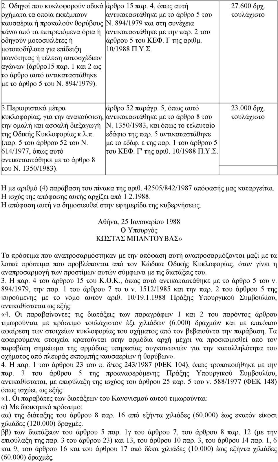 894/1979 και στη συνέχεια αντικαταστάθηκε με την παρ. 2 του άρθρου 5 του ΚΕΦ. Γ της αριθμ. 10/1988 Π.Υ.Σ. 27.600 δρχ. τουλάχιστο 3.Περιοριστικά μέτρα άρθρο 52 παράγρ.