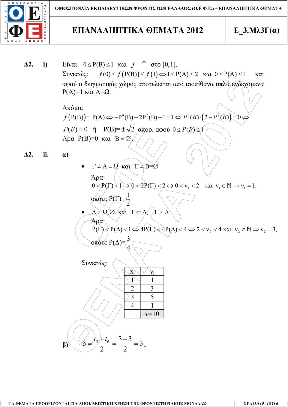 Ακόµα: 4 f P(B) = P(A) P (B) + P (B) + 1 = 1 P ( B) P ( B) = 0 ( ) ( ) P( B ) = 0 ή P(B)= ± απορ. αφού 0 P( B) 1 Άρα Ρ(Β)=0 και B =.