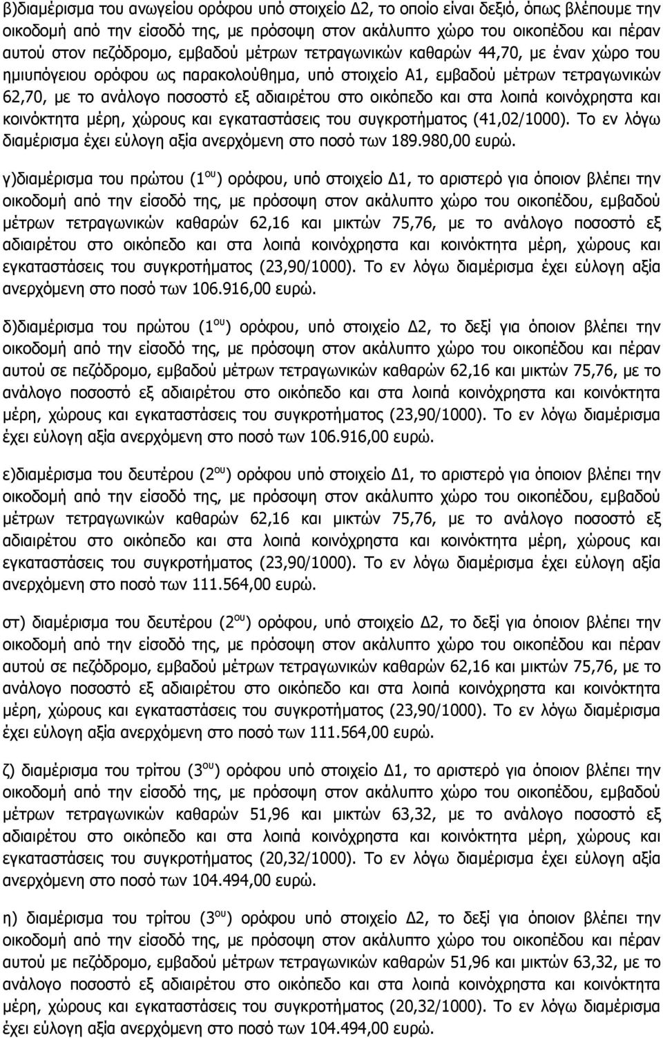 και στα λοιπά κοινόχρηστα και κοινόκτητα μέρη, χώρους και εγκαταστάσεις του συγκροτήματος (41,02/1000). Το εν λόγω διαμέρισμα έχει εύλογη αξία ανερχόμενη στο ποσό των 189.